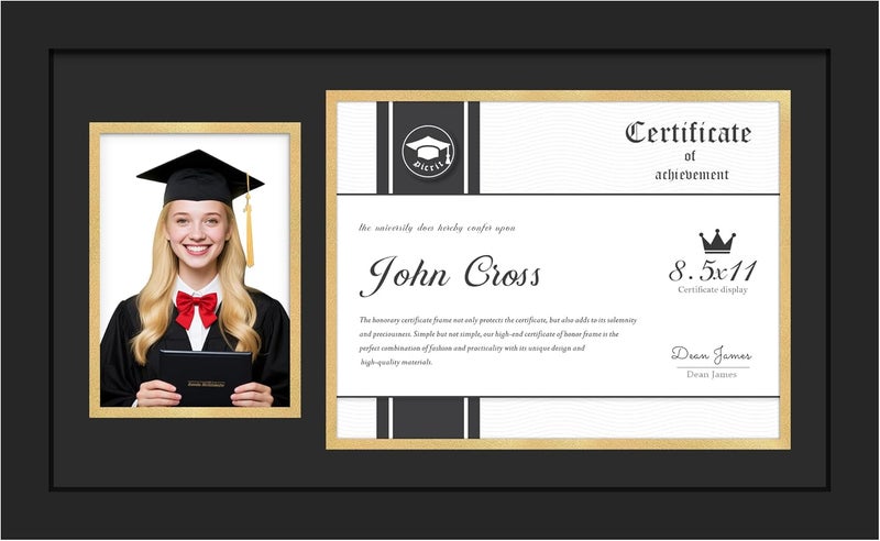 Picrit 11x19 Wood Diploma Frame and Pictures Frame for 8.5x11 Certificate/Degree Document & 5x7 Graduation Photos, with Tempered Glass, Black over Gold Mat, Wall Mount Display - Image 1